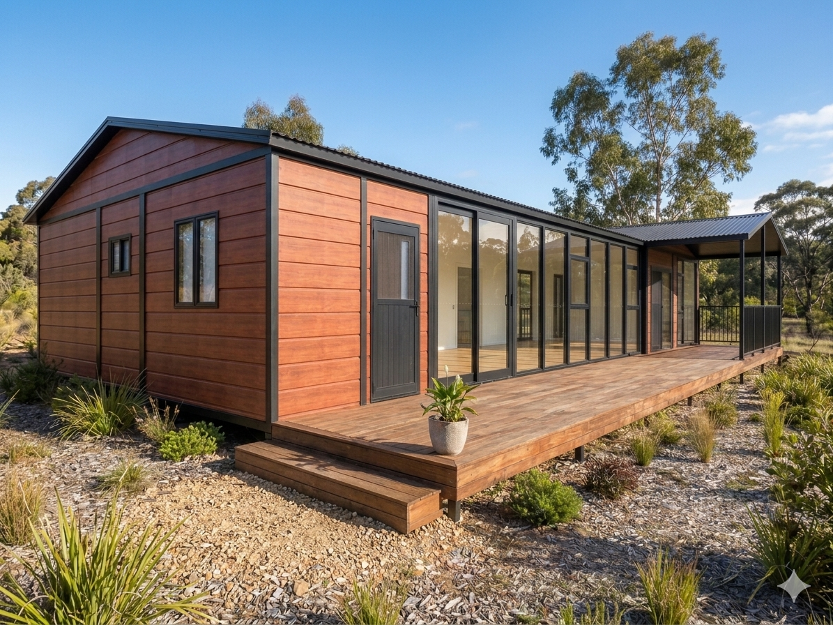 Expandable container home with timber cladding and deck